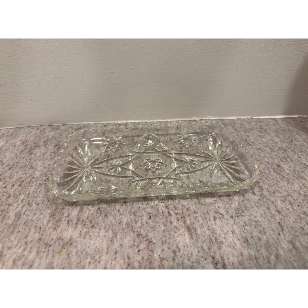Vintage Cut Glass Rectangular Tray Starburst Pinwheel Scalloped Edge Vanity Dish